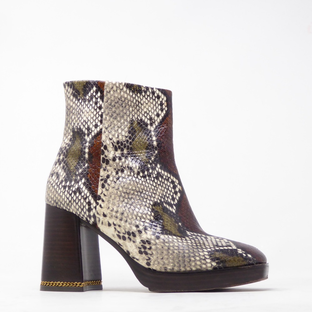 Tory Burch Ruby Womens Ankle Boots Brown Snakeskin Chain Block Heel 6.5M